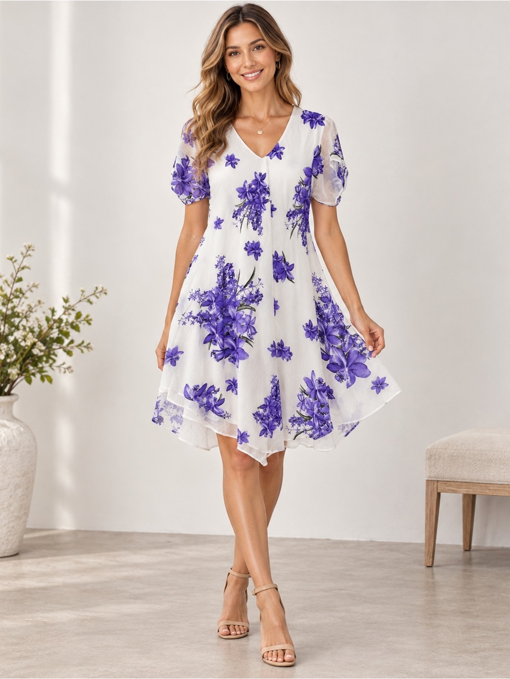 White V-Neck Midi Dress with Purple Floral Print